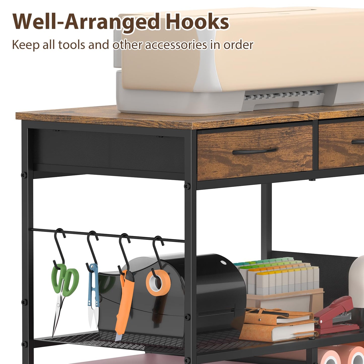 VEOSIR Craft Cart with Vinyl Roll Holder, Organizer & Storage Table for Cricut Machine with Drawer,Mobile Craft Organization and Storage Cart,Crafting Table Accessories Holder for Craft Room Brown
