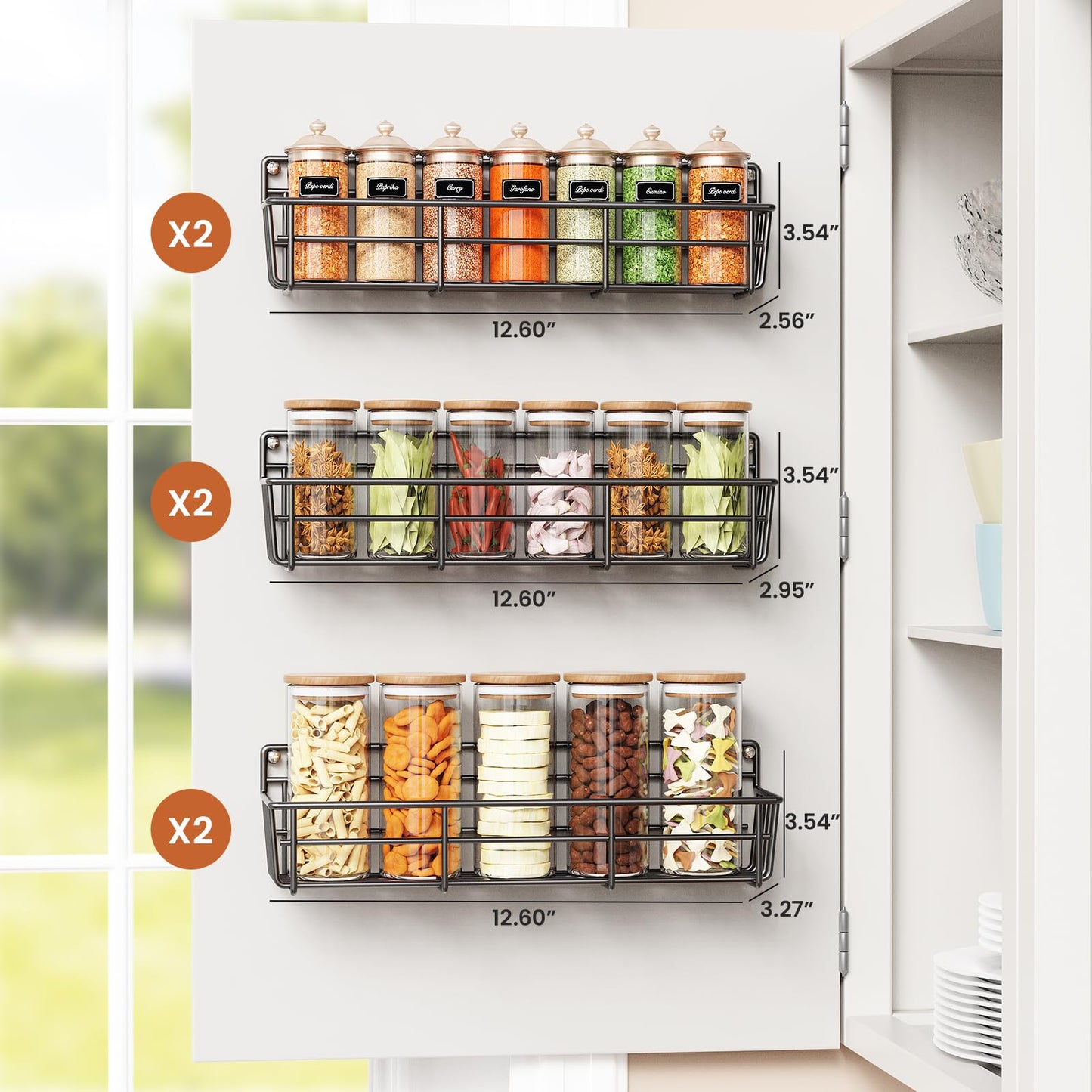 Mystozer Spice Rack wall mounted 6 Pack, Space-Saving Spice Organizer for Spice Jars and Seasonings,Screw or Adhesive Hanging Spice Rack Organizer for Your Kitchen Cabinet,or Pantry Door