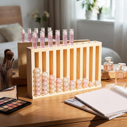 Wonderjune 1 Pcs Wooden Lipsticks Holder 0.7 inch Lip Balm Tube Holder Lip Gloss Organizer Display Wood Lipsticks Tube Tower Organizer for Market Craft Booth Room Display (10 Slot)
