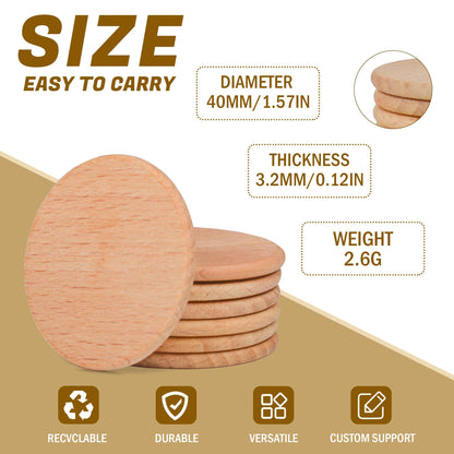 ZLYXIU 30-1000pcs 40mm Custom Wooden Drink Tokens,Double-Sided Laser Engraved with Logo,Text or Images,Personalized Round Wood Chips for Bars,Weddings,Parties,Corporate Events Promotions