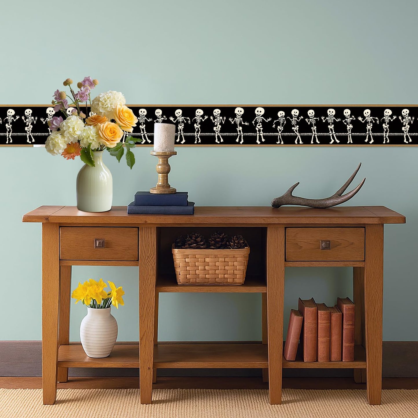 IOHEFY Skeleton Halloween Wallpaper Border 196x4 Inch Removable Wall Border Peel and Stick Dancing Bones Design for Bedroom Bathroom Living Room Kitchen Wall Trim Decor Spooky Gothic Holiday Style