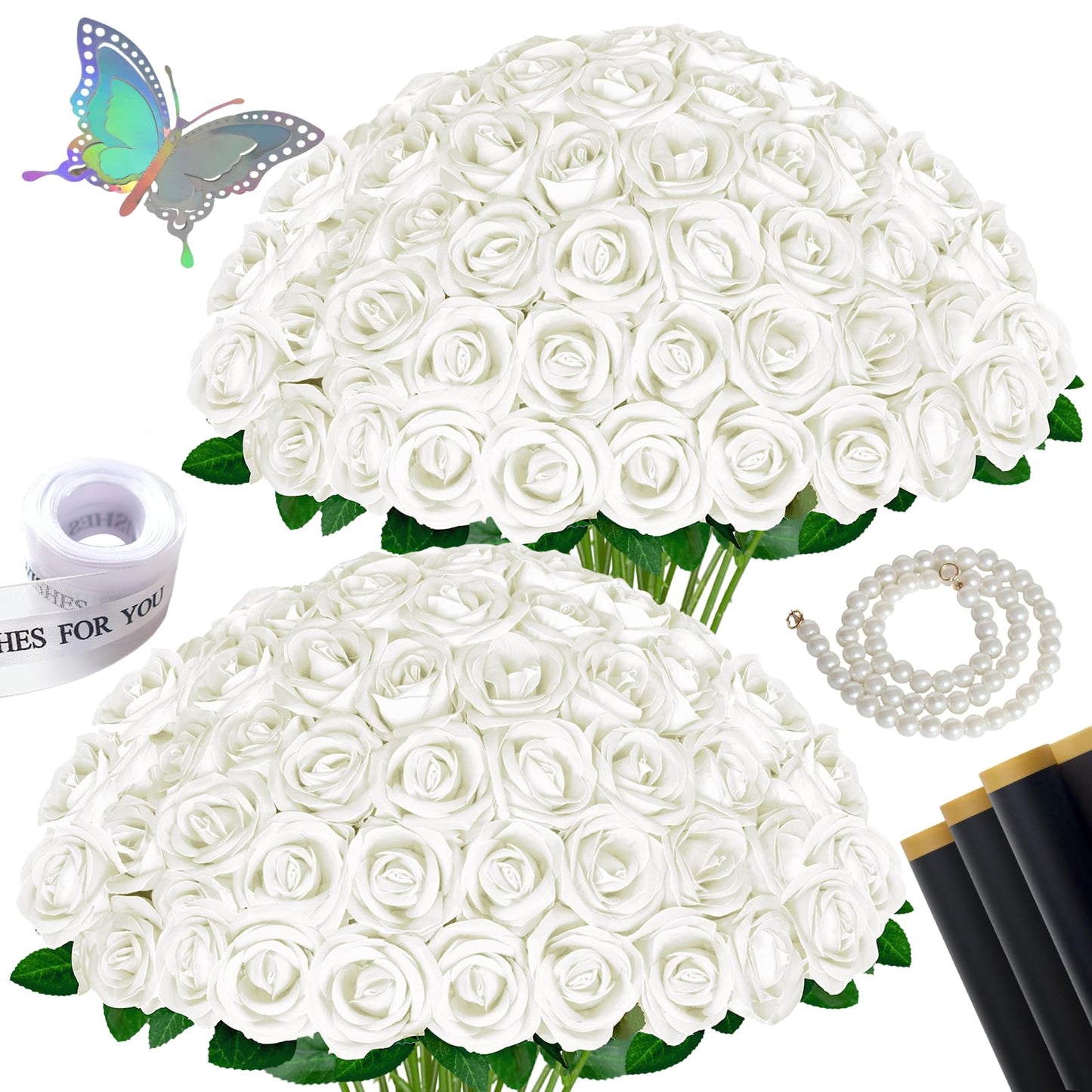 jabeick 50 Pcs Fake Roses White Artificial Flowers Bulk, Faux Velvet Silk Rose Bouquet with Long Stems Real Look for Wedding Party Centerpieces Vases Decor