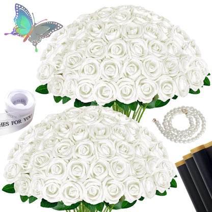 jabeick 50 Pcs Fake Roses White Artificial Flowers Bulk, Faux Velvet Silk Rose Bouquet with Long Stems Real Look for Wedding Party Centerpieces Vases Decor