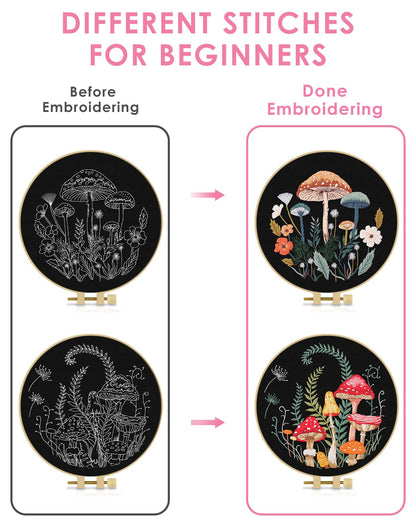 TINDTOP 2 Pack Embroidery Kit for Adult Beginners, Embroidery DIY Starter Kit, with Mushroom Stamped Patterns, Hoop, Tools, Colorful Threads with Needles, Instructions