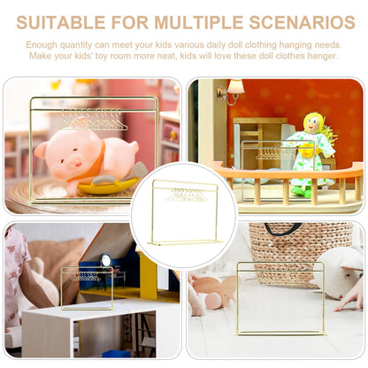 STOBOK Miniature Doll Garment Rack with 10Pcs Mini Clothes Hangers Mini Doll Dress Clothing Display Rack Metal Dollhouse Furniture Bedroom,Living Room,Shower Accessories Supplies, Golden 5.9x4.7in