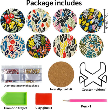 DOTZSO 8 Pcs Diamond Art Coasters Kit with Holder, Diamond Art Kits for Adults Beginners Small Diamond Painting Coasters, Arts and Crafts for Adults Supplies Item Sets (Flower)