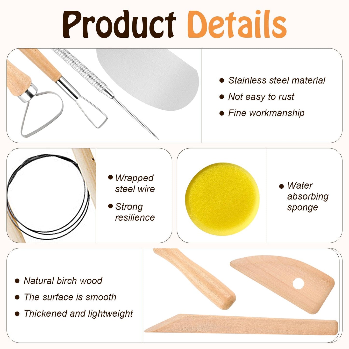 Akamino 20 Pcs Pottery Tools Include 1 Wood Rolling Pin,1 Portable Pottery Linen Tablecloth, 10 Pcs 5 Size Teaching Rolling Mud Stick Guide, 8 Clay Sculpting Tools for Manual Self Ceramic Clay Making