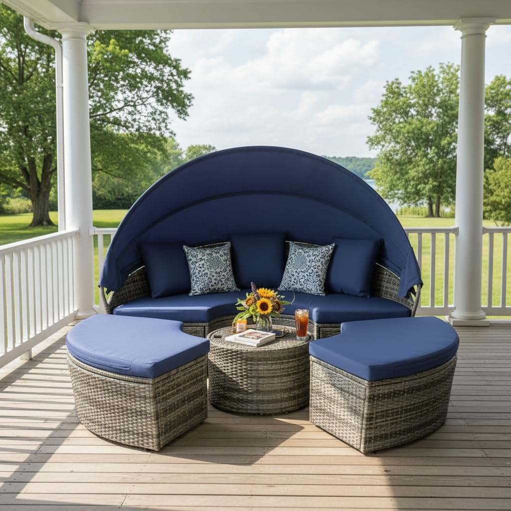 Tangkula Outdoor Round Daybed with Retractable Canopy, PE Wicker Sectional Seating Furniture with Cushions and Throw Pillows, Separates Cushioned Seats for Backyard, Poolside (Navy)