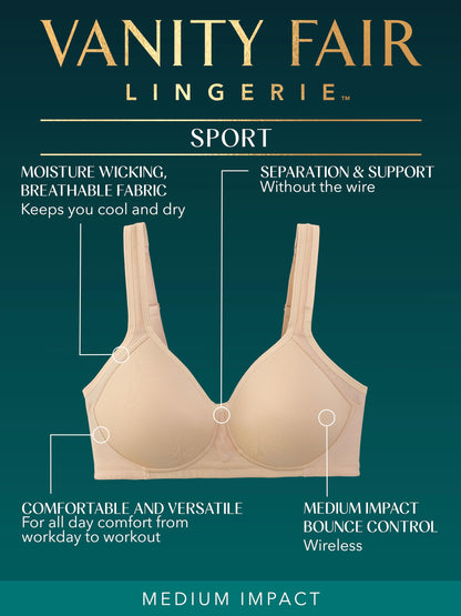 Vanity Fair Womens Medium Impact Sports For Breathable, Moisture Wicking, Padded Cups Up To Ddd Bra, Wireless - White, 36D US
