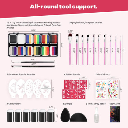 Professional Face Painting Kit for Kids Adults-12*10g Non Toxic Water Activated Face Paint Kit With Brushes,Stencils，Gem Stickers;Halloween,Carnival;Water Based Facepaint Makeup Kit for Kids Party