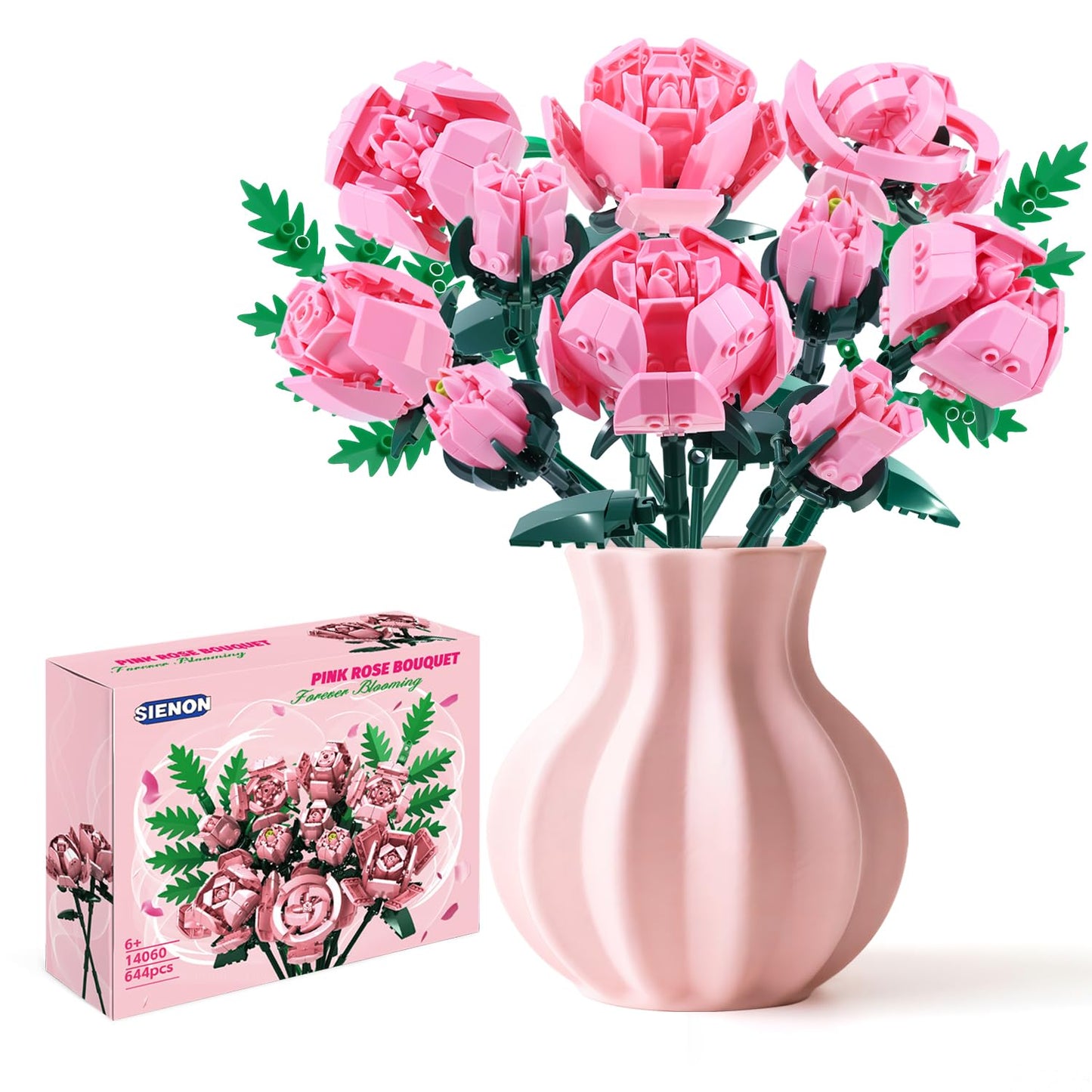 Pink Rose Flower Building Set-10pcs Roses & 2pcs Leaves Botanical Collection, Artificial Flowers for Home Décor, Rose Bouquet Building Kit for Valentine’s Day Christmas Birthday Anniversary (No Vase)