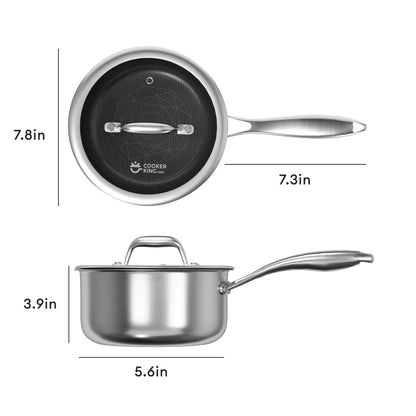 COOKER KING 2 Quart Stainless Steel Saucepan, Nonstick Sauce Pan, Ceramic Suce Pot with Tempered Glass Lid, Induction Pot Compatible with All Cooktops, Dishwasher & Oven Safe(PFAS/PFOA/PTFE Free)