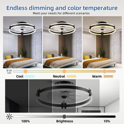 BAYSQUIRREL Ceiling Fans with Lights and Remote, Dimmable Bladeless Ceiling Light, 3 Colors 6 Speeds Reversible, Modern Low Profile Flush Mount Ceiling Fan for Bedroom