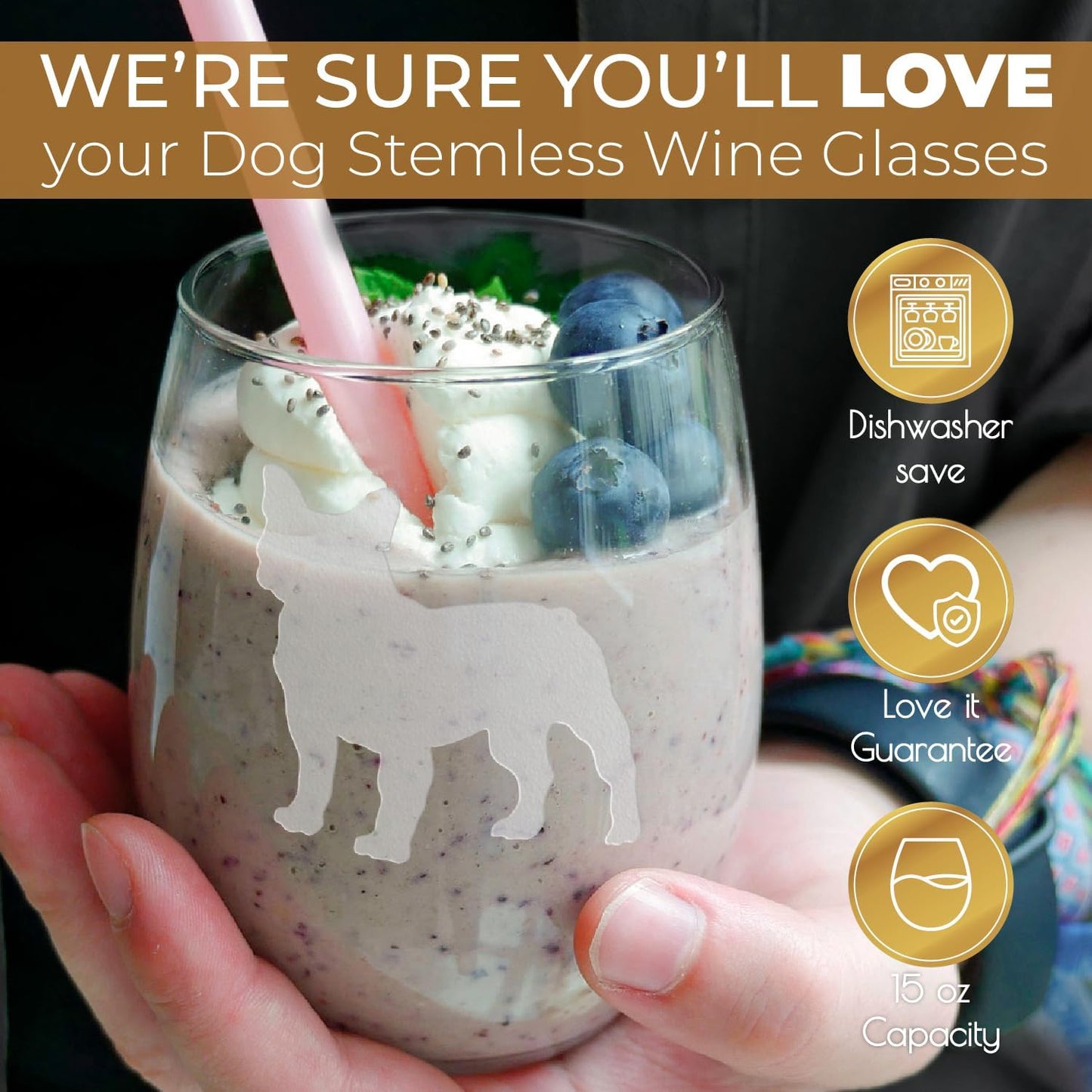 Greenline Goods French Bulldog Stemless Wine Glasses - Hand Etched 2-Sided Silhouette with Breed Name for Dog Lovers