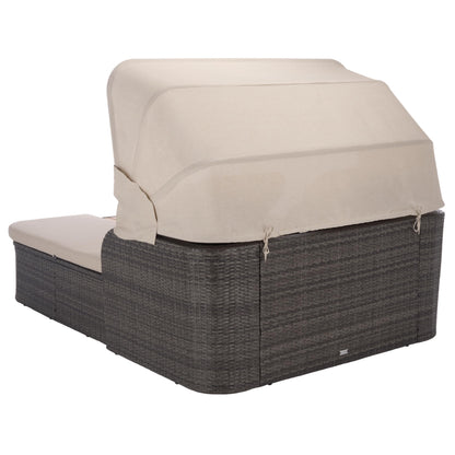 SAFAVIEH Outdoor - Victoria Grey Brown & Taupe Double Daybed, Rattan Canopy Lounger with Reversible Cushions, Cup Holders, Patio Furniture for Deck, Backyard, Poolside (PAT7759A)