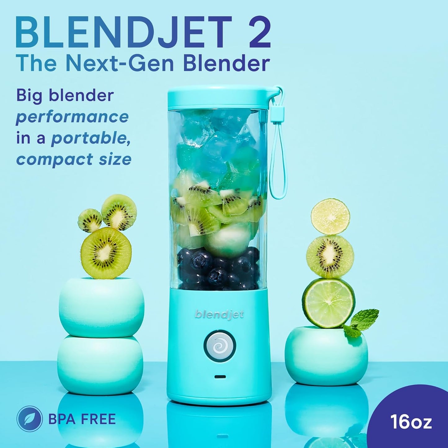 BlendJet Portable Blender for Smoothies & Shakes - 16oz BlendJet 2 Cordless Personal & Small Blender, USB-C Rechargeable & Self Cleaning - Quiet Mini Travel Blender with Stainless Steel Blade (Mint)
