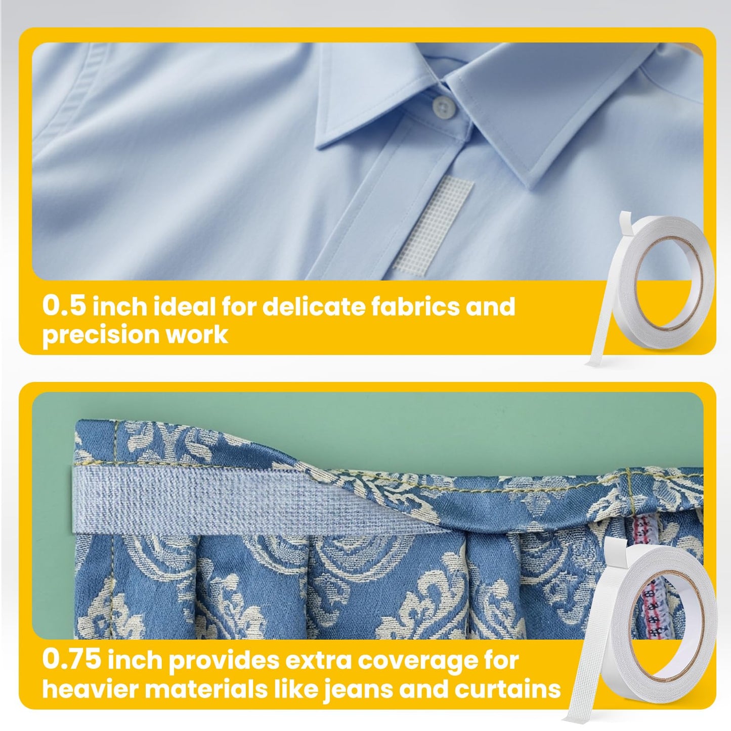 Birllaid Premium Double-Sided Fabric Tape Combo Pack - 1/2 + 3/4inch x 49 FT, No Sew No Iron Required, Strong Adhesive for Clothing Alteration, Hem Pants, Quick Repair, DIY Crafts (2 Rolls, White)