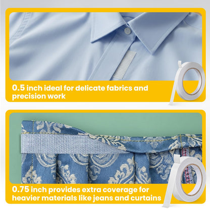 Birllaid Premium Double-Sided Fabric Tape Combo Pack - 1/2 + 3/4inch x 49 FT, No Sew No Iron Required, Strong Adhesive for Clothing Alteration, Hem Pants, Quick Repair, DIY Crafts (2 Rolls, White)