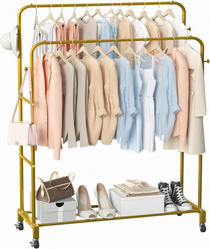 Wheels,3 4 Sooyee Double Rod Clothing Rack with Tier Garment Racks for Hanging Clothes,Portable Clothes Rack with Hooks