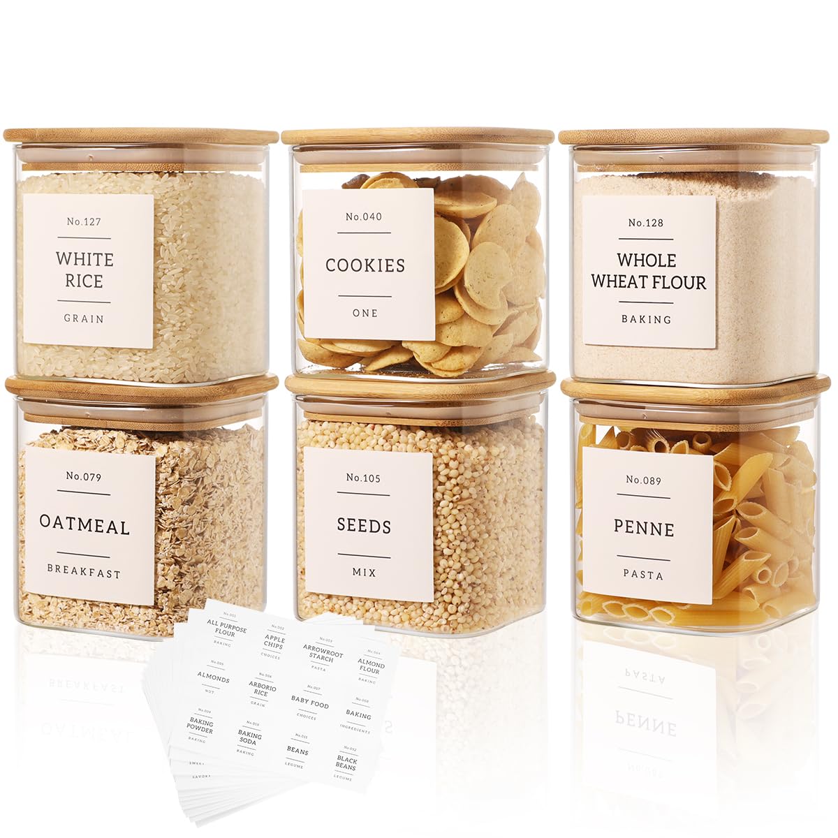 6 Pack Square Glass Pantry Storage Containers with 132 Kitchen Food Pantry Labels - 24 floz Clear Glass Pantry Jars with Airtight Wood Bamboo Lids - Glass Canisters for Sugar, Cereal, Coffee, Spice