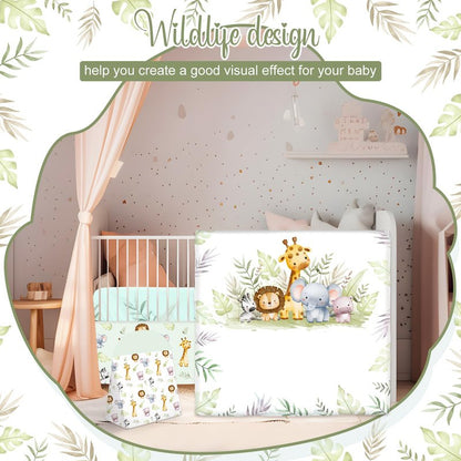 Hahafelt 4 Pieces Baby Crib Bedding Set for Girls and Boys, Soft Baby Bedding Set Including Crib Skirt, Comforter, Sheet and Diaper Stacker for Nursery (Wildlife Theme)