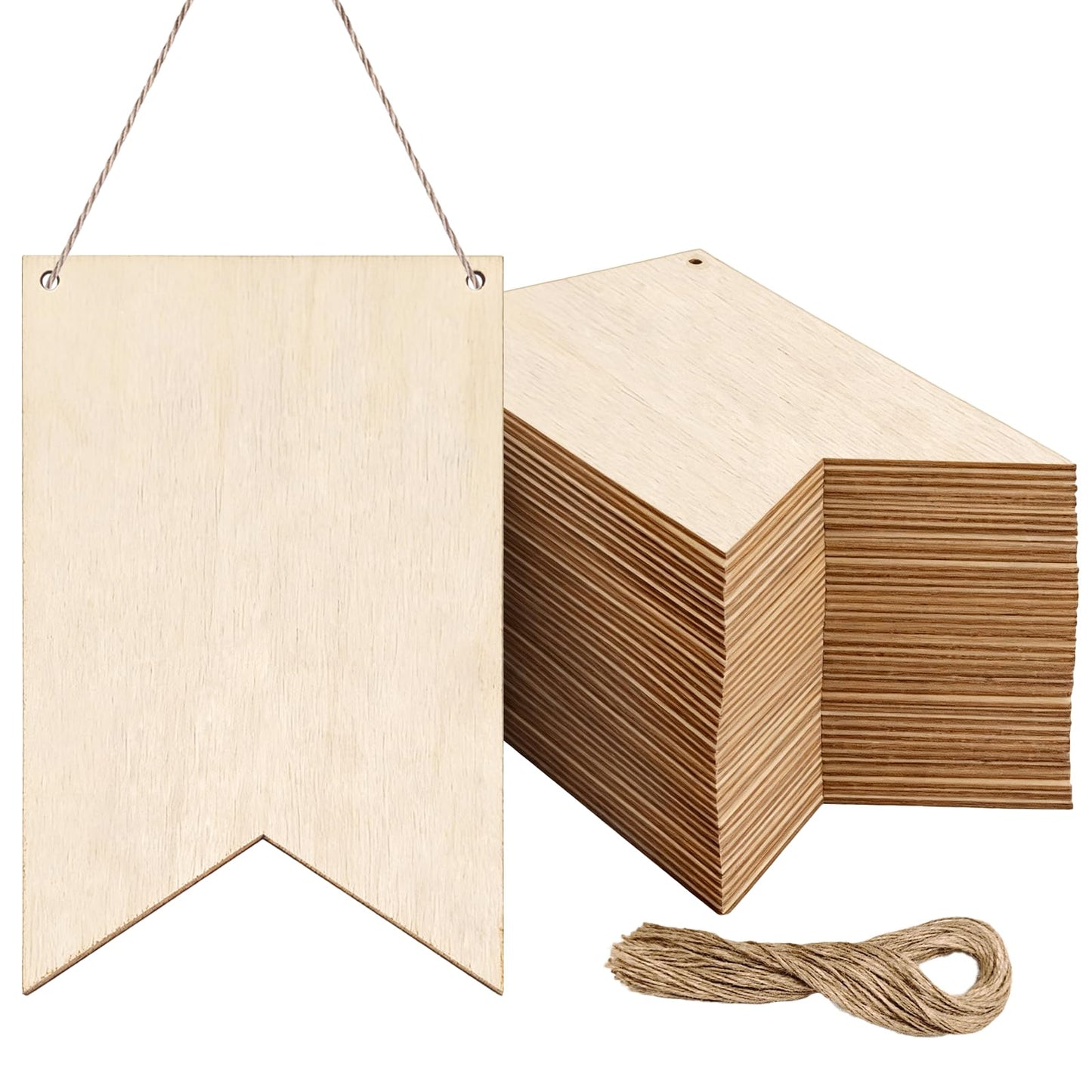 Oaklo 50 Pack Unfinished Blank Wood Signs Wooden Blocks for Crafts with Hemp Rope Wood Cutouts Plaques Flag Ornament for DIY Crafts Painting Writing Wall Decorations