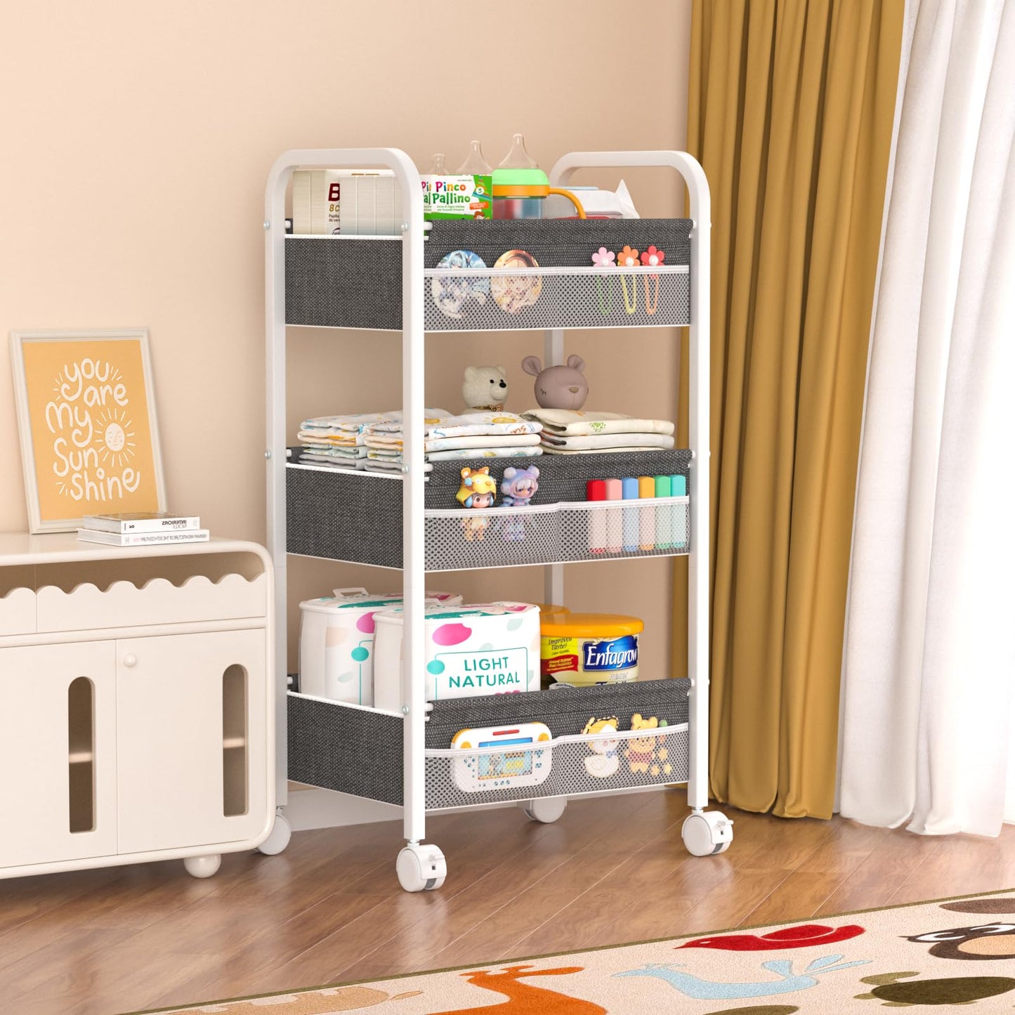 Baby Diaper Caddy Rolling Utility Cart, 3 Tier Baby Essentials Nursery Organizer and Storage with Dividers and Drawers for Crib, Bedroom, Art & Craft Organizer (White)