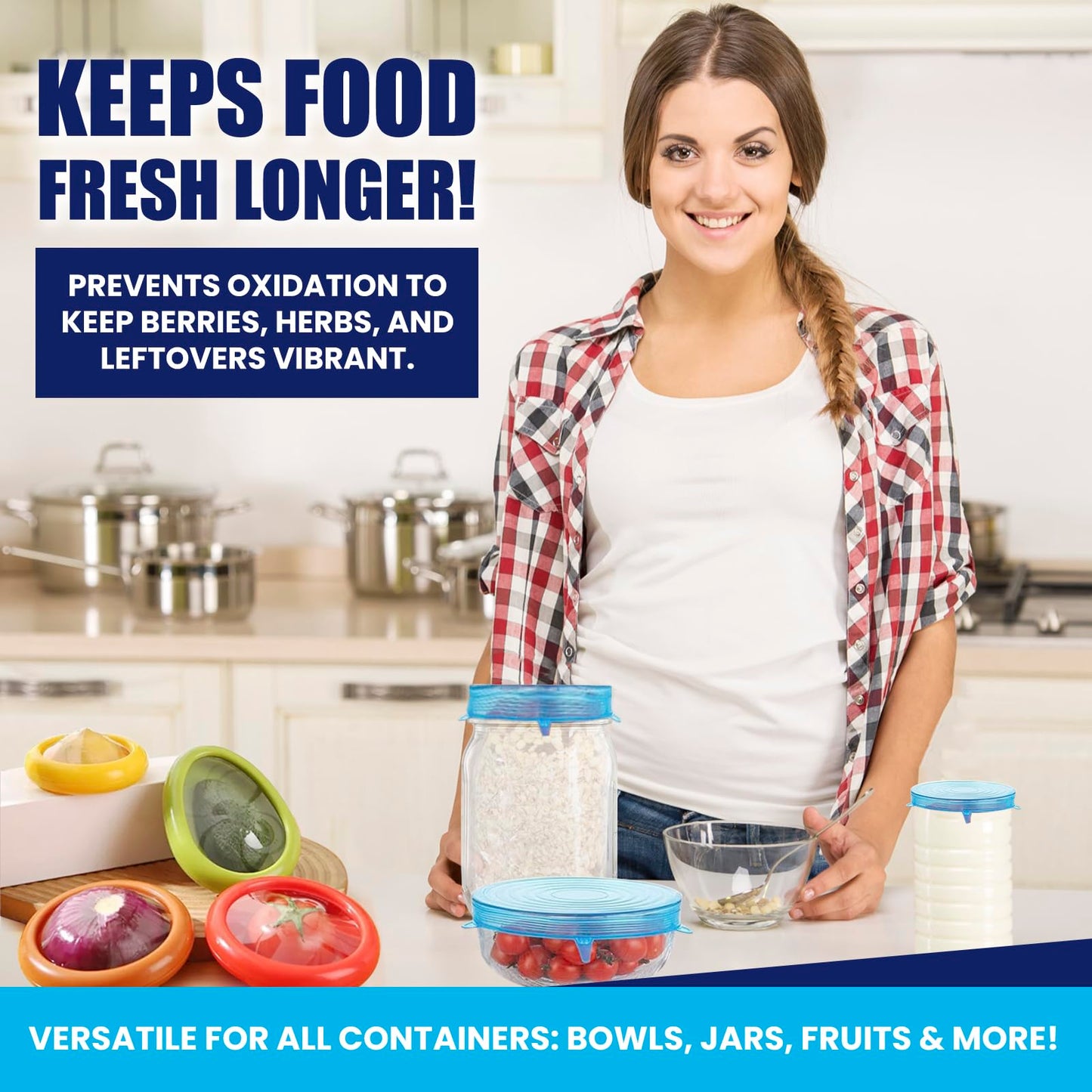 Anti-Oxidation Food Storage Containers with Reusable Silicone Stretch Lids, Airtight Leakproof Produce Keeper Set for Fruits & Vegetables, Keeps Food Fresh Longer, Fridge Organization Containers