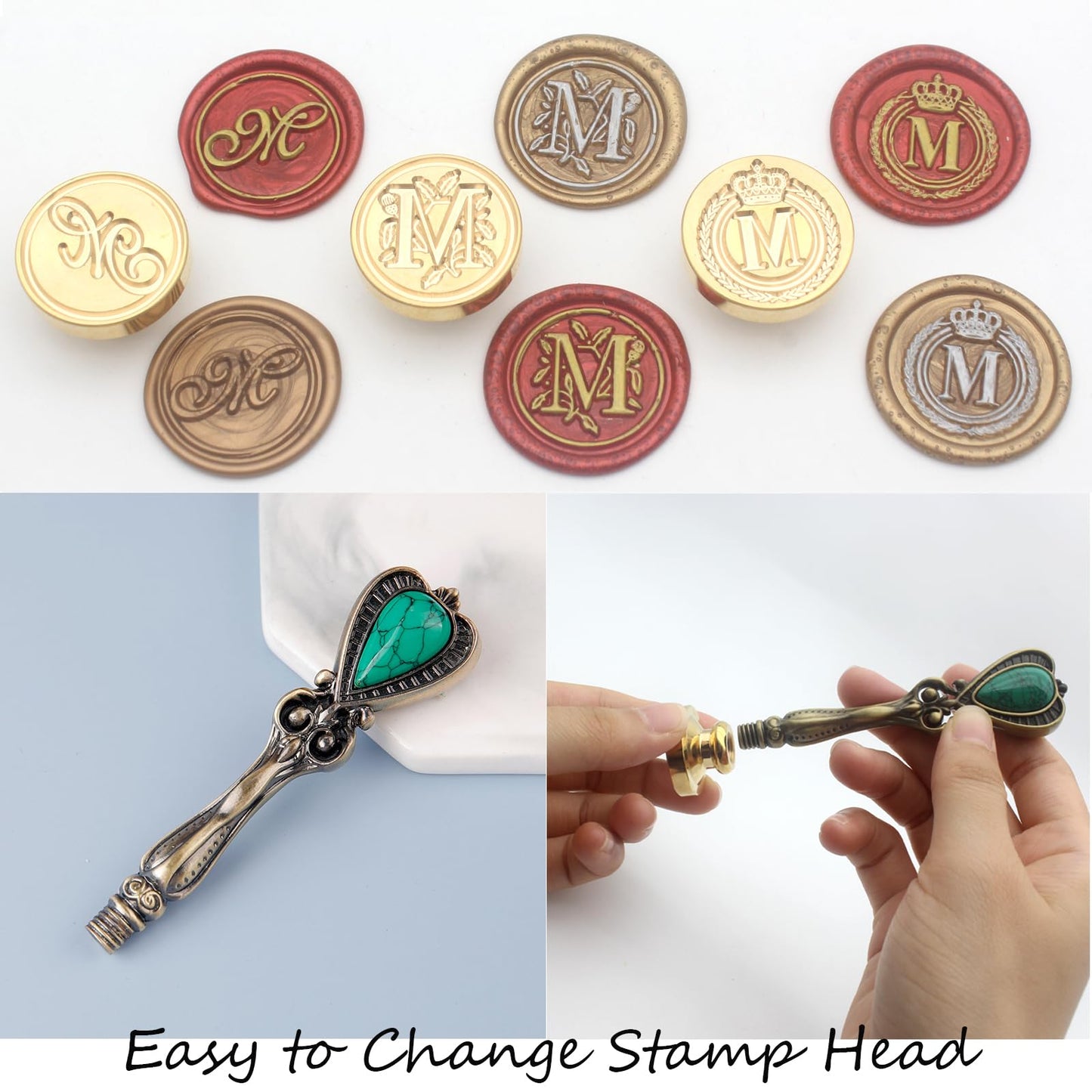 Letter Wax Seal Stamp Kit, Andotopee Wax Seal Kit Initial Alphabet M Sealing Wax Stamp Head 3pcs, Vintage Wax Stamp Seal Kit with Wax Seal Beads, Wax Seal Warmer Tools, Wax Seal Pen, Gift Box Set
