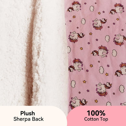 Kids Sherpa Throw Blanket – Soft Cotton & Warm Sherpa Toddler Blanket, Pink Unicorn & Clouds Pattern, Plush Winter Bed Throw, 40 x 60 inches