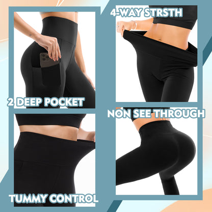 SINOPHANT High Waisted Leggings with Pockets Women, Full Length Capri Buttery Soft Stretchy Yoga Pants(Full Black,L-XL)