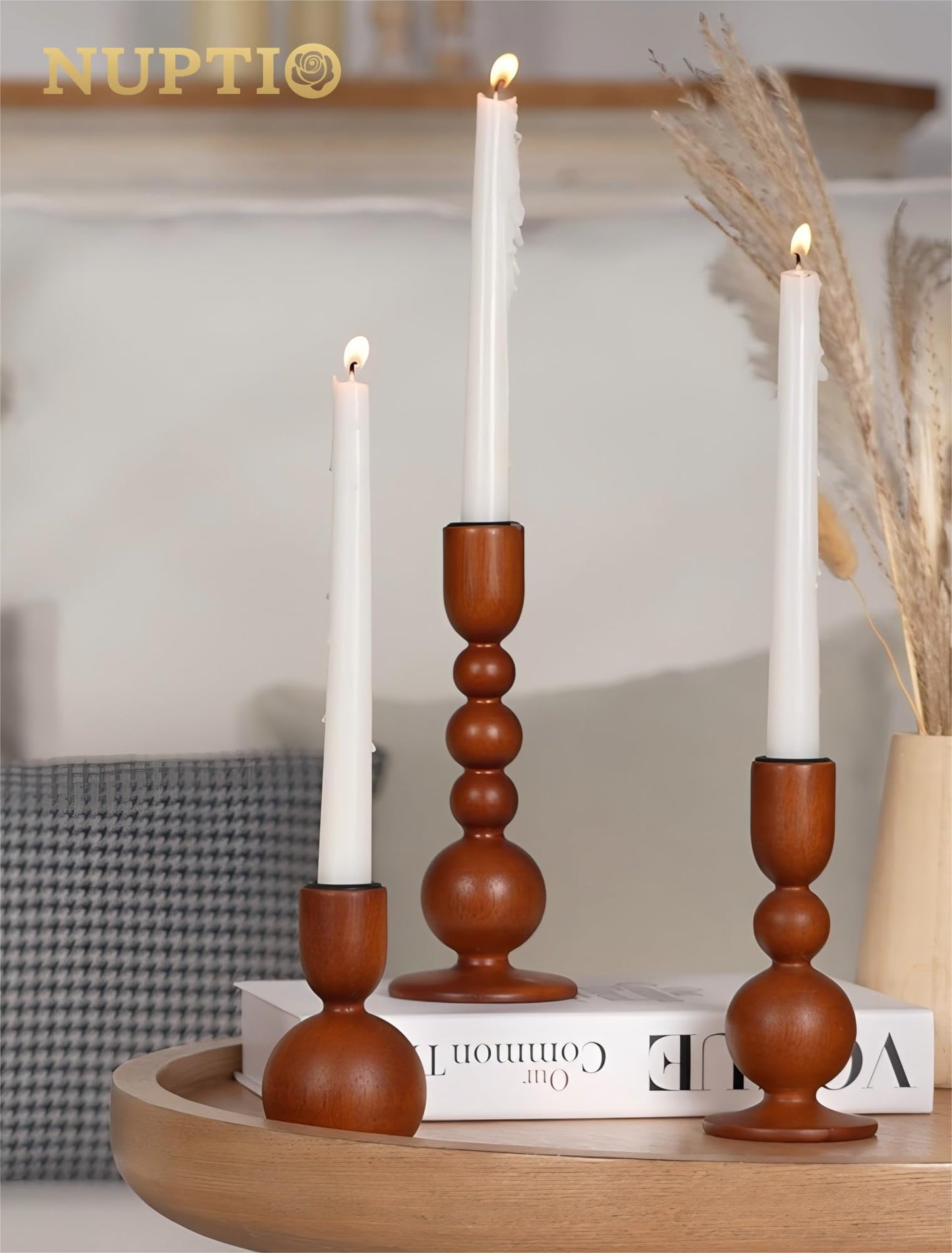 NUPTIO Candlestick Holders for Home Decor: Set of 3 Wood Taper Candle Holders for Thanksgiving Table Centerpieces - Mid Century Modern Caramel