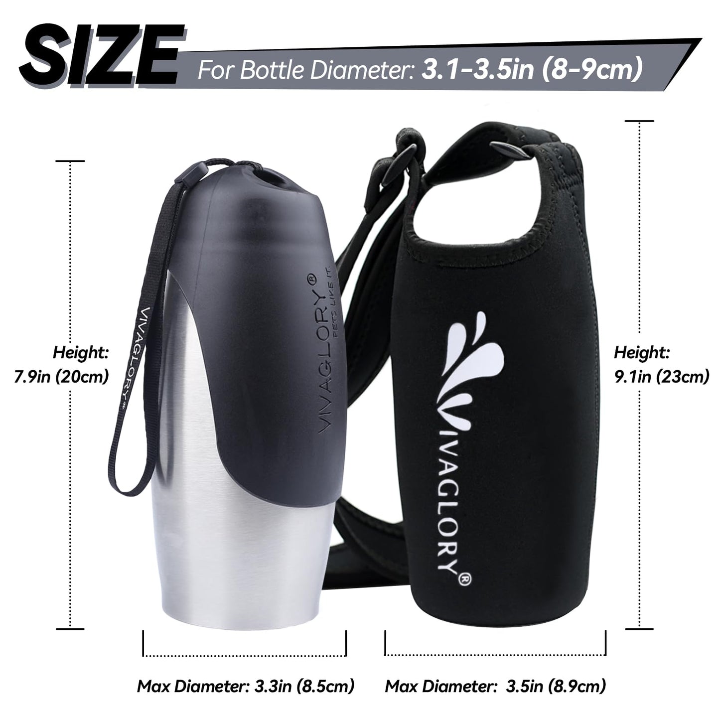 VIVAGLORY Dog Water Bottle & Bottle Holder with Strap Combo for Travel & Walking, Carrier with Adjustable Shoulder Strap, Portable & Stainless Steel for Pet Puppy, 25oz, Black