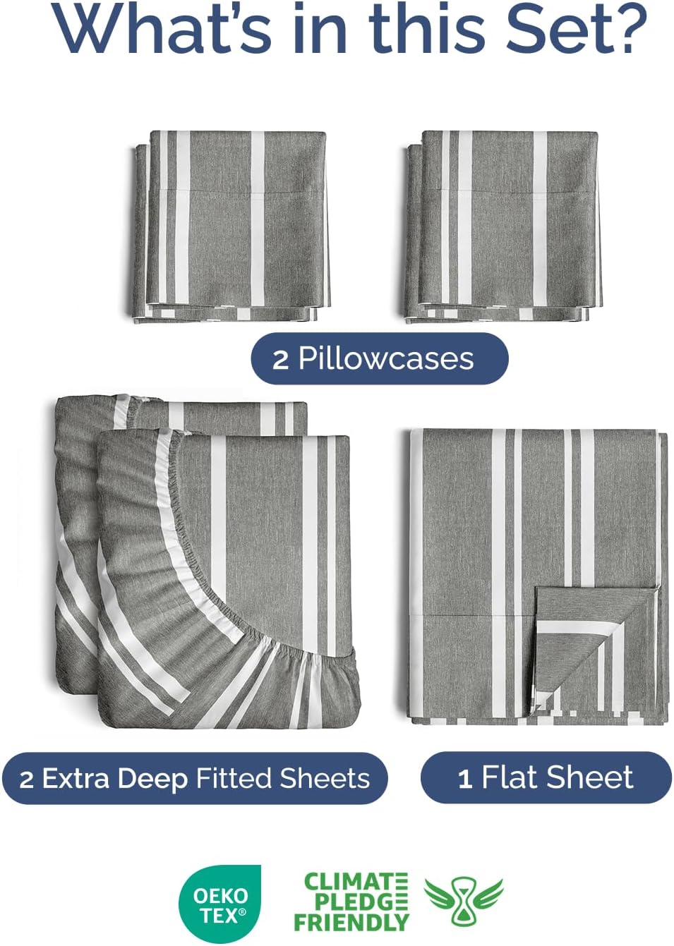 Skiennix Extra Deep Split King Sheet Set - 7 Piece Cooling Bedding - Soft, Wrinkle-Free Grey Stripes