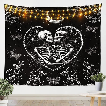 Homewish Couple Skeleton Tapestry,Black White Moon Starry Sky Wall Hanging Art,Butterfly Flower Wall Blankets for Kids Girls Teens Room Decor,Gothic Exotic Lover Porch Hangings,59.1x59.1