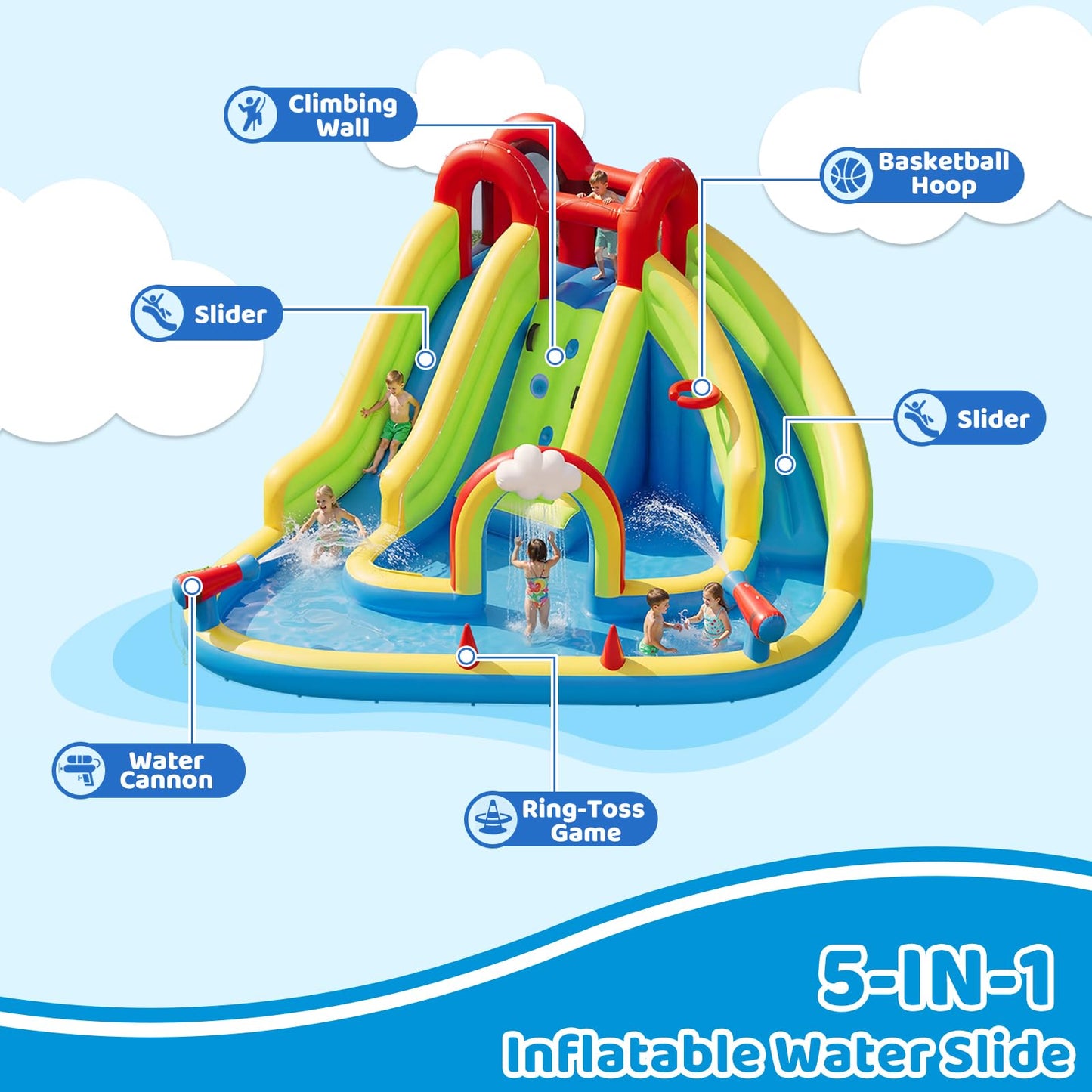 Sunswell Inflatable Water Slide, Blow Up Water Slides for Kids Backyard 6 in 1 Bounce House with 450w Blower, Water Park for Outdoor and Indoor, 15.68‘ x12.57'x86.68''