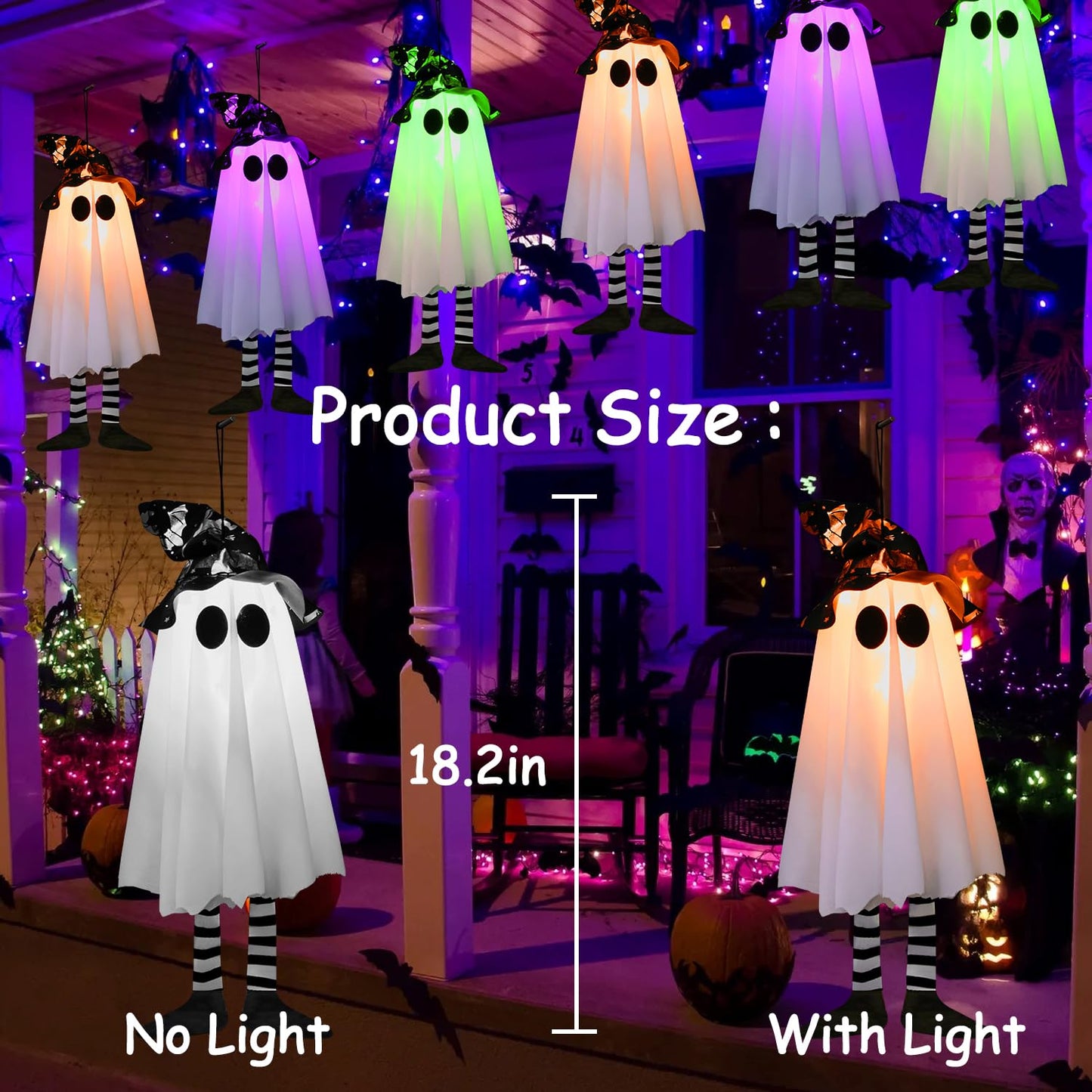 3 Pack Halloween Hanging Ghosts Halloween Decorations Outdoor, Lighted Glowing Ghost Witch Hat with Orange Purple Green Lights, Ghost Scary Outside Decor for Party Home Yard Tree Garden