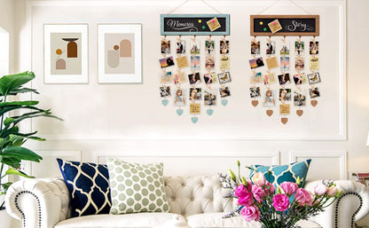EXQUIDECA Picture Frames Collage Display Board with 30 Clips - Multi Photos Cards Organizer with Adjustable Twines and Magnetic Blackboard - DIY Wall Decor Hanging Picture Holder 15.7x5 Inches