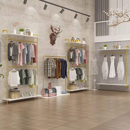 MDEPYCO Modern Simple 2 Tier Metal and Wood Garment Rack,Industrial Pipe Double Hanging Rods Clothing Rack,Retail Display Wall Mounted Storage Clothes Hanging Shelf (One Shelves,Gold, 55.2" L)