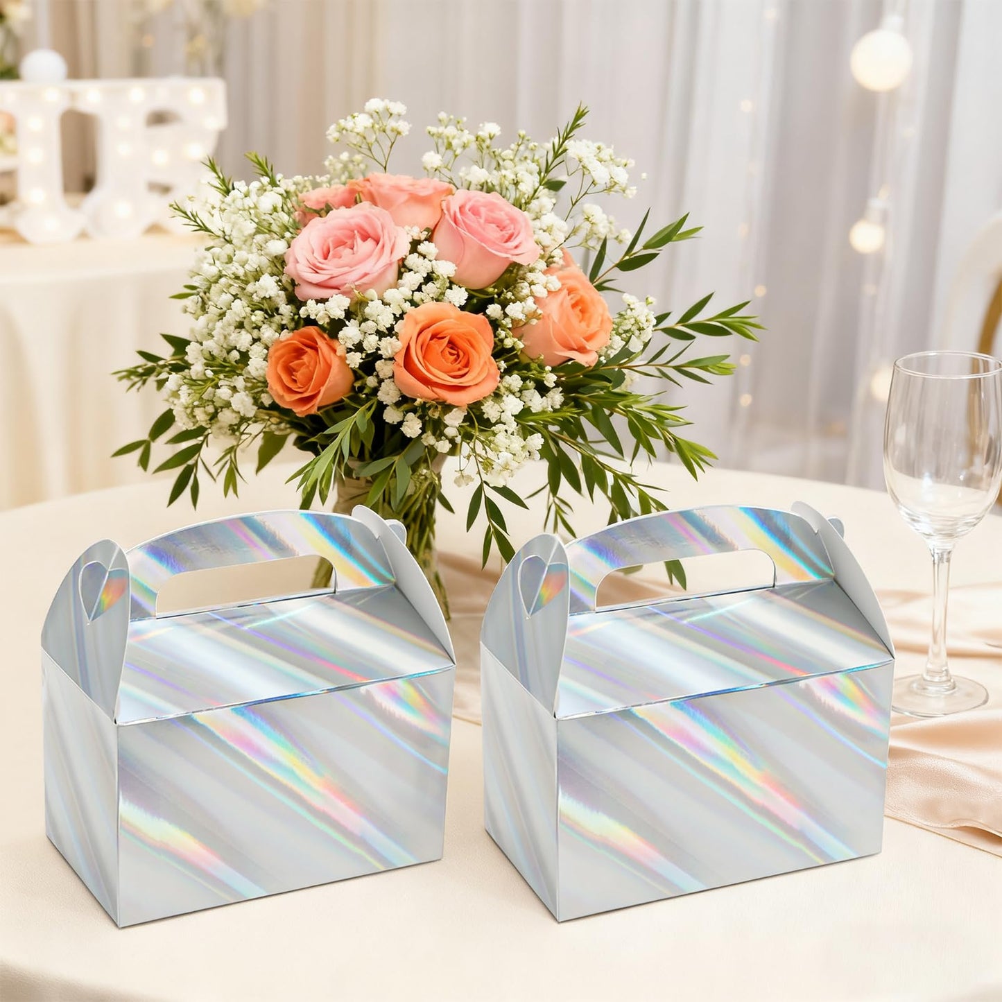 ZAVOOS 50 Pack Party Favor Boxes, 6.3 x 3.7 x 3.7 Inch Iridescent Candy Gable Boxes with Handle, Paper Goodie Gift Box Snack Cookies Containers bulk for Christmas, Wedding, Birthday