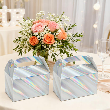ZAVOOS 50 Pack Party Favor Boxes, 6.3 x 3.7 x 3.7 Inch Iridescent Candy Gable Boxes with Handle, Paper Goodie Gift Box Snack Cookies Containers bulk for Christmas, Wedding, Birthday