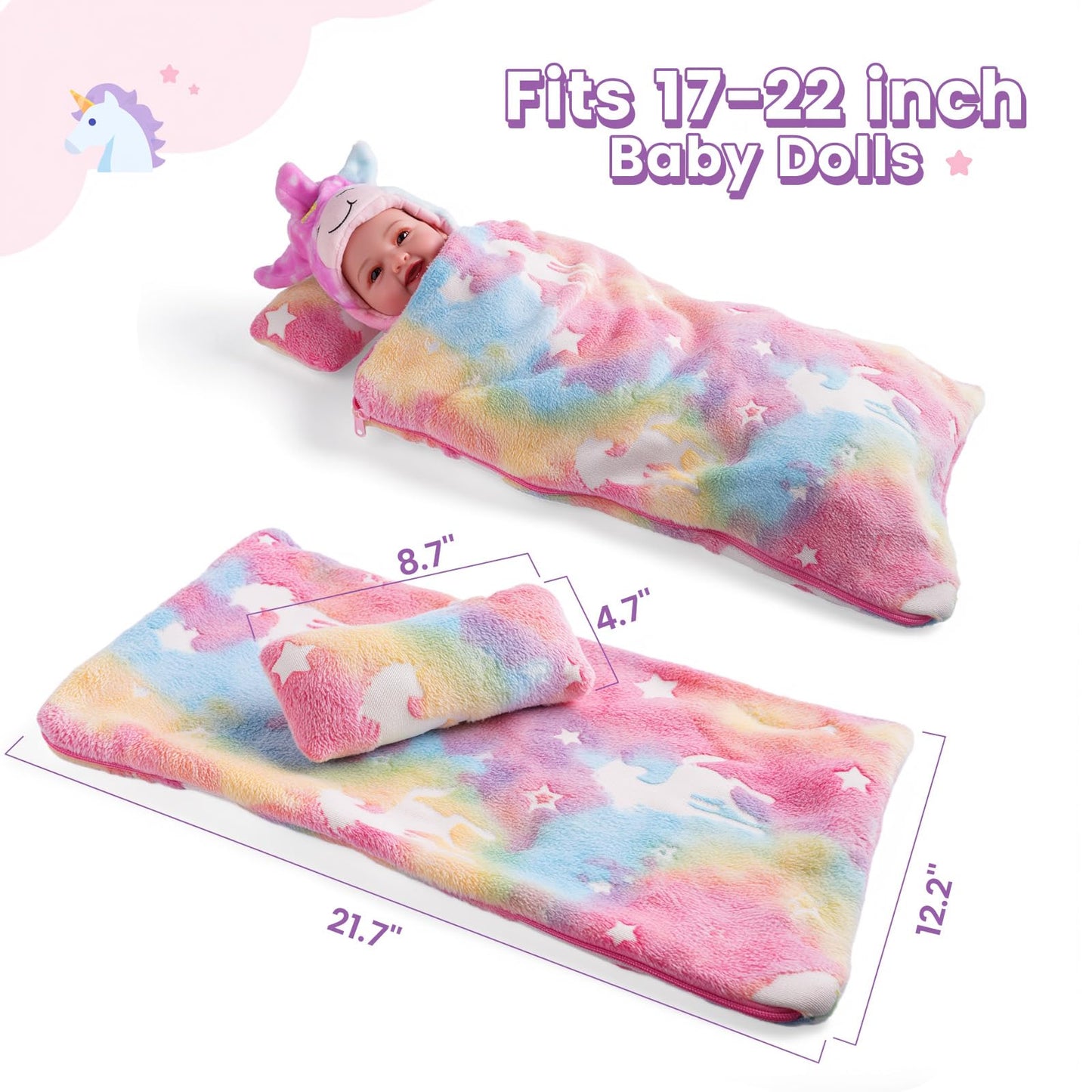 BABESIDE 2 Pcs Reborn Baby Doll Bedding Set for 12-17 Inch Dolls, Cute Animal & Star Pattern Doll Blanket and Pillow Set, Soft Bedding for Pretend Play and Dollhouse Accessories