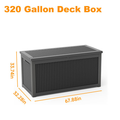 ROJIK 320 Gallon Deck Box Outdoor Waterproof,Weatherproof Outdoor Storage Boxes Lockable with Lid,Outside Resin Storage Bench for Patio Cushions,Garden Tools and Pool Accessories(Black)