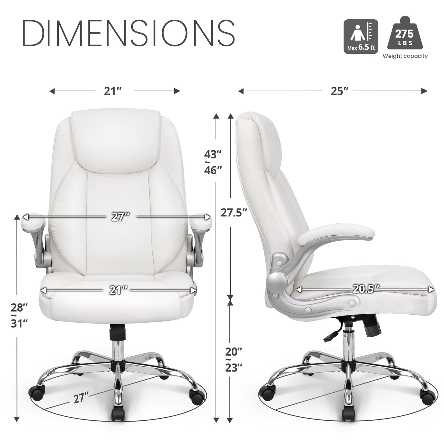 NEO CHAIR Ergonomic Office Desk Gaming Computer Chair Executive High Back Support Flip-up Arms Adjustable Height Swivel Rolling Wheels Comfy PU Leather for Home (White)