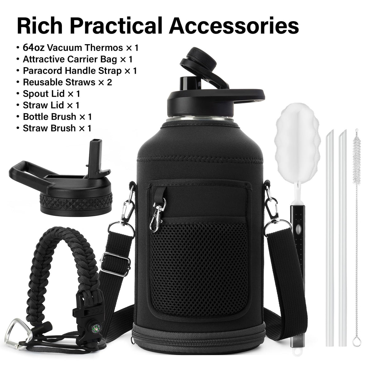 DYSANKY Insulated Water Bottle | Thickened Stainless Steel Vacuum Metal | Portable Sports Half Gallon Large Water Jug for Gym and Hiking with Straw, Carrier Bag, Handle Strap | BPA-Free 64 oz