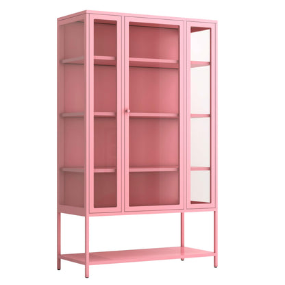 Merax 67" Tall Glass Display Cabinet with Adjustable Shelves and LED Lights, for Collectibles, Modern Steel Storage Curio Cabinet with 3-Sided Glass Display Case for Home Office Study Room, Pink