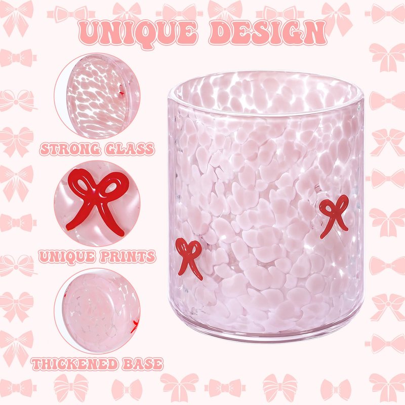 Ovveroche 2 Pcs Pink Bow Icon Juice Glass 14 oz Bow Reusable Stemless Icon Drinking Glasses Cups for Birthday Wedding Party Supplies Gift