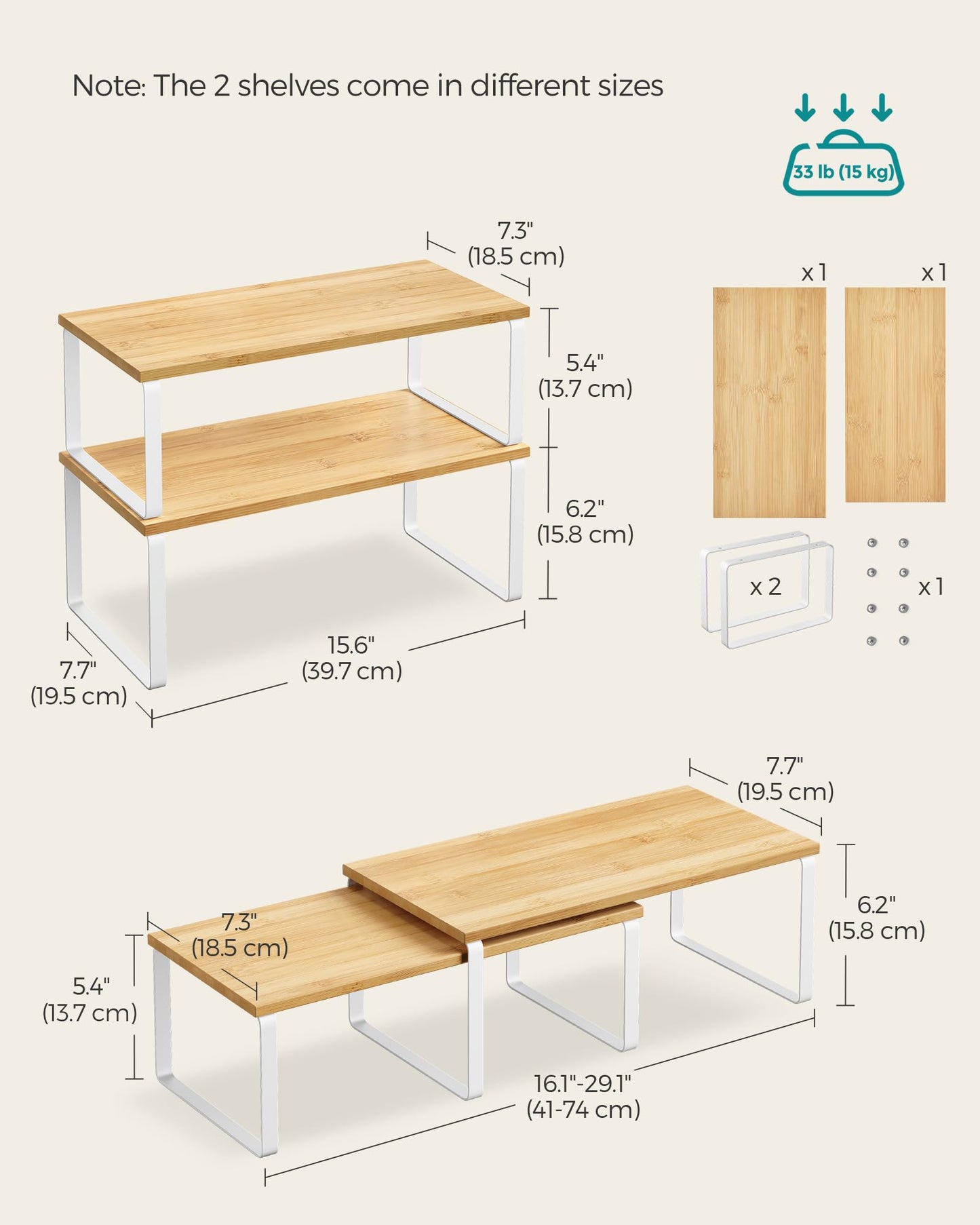 SONGMICS Cabinet Organizer Shelf, Set of 2 Kitchen Counter Shelves, Kitchen Storage, Spice Rack, Stackable, Expandable, Metal and Engineered Wood, Ink Black and Natural Beige UKCS02NB