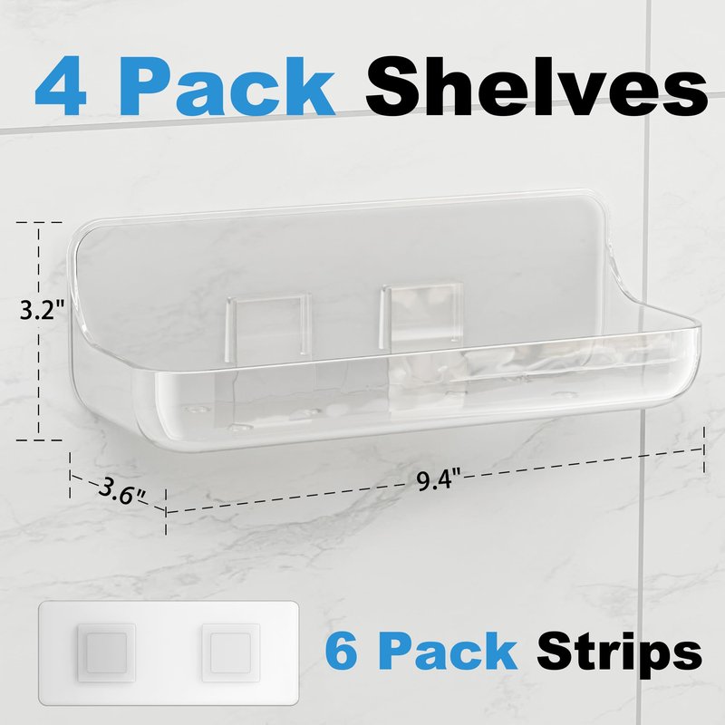 Kawfle Adhesive Shower Caddy, 4 Pack Acrylic Bathroom Shelves, No Drill Wall Mount Organizer Storage Shelf