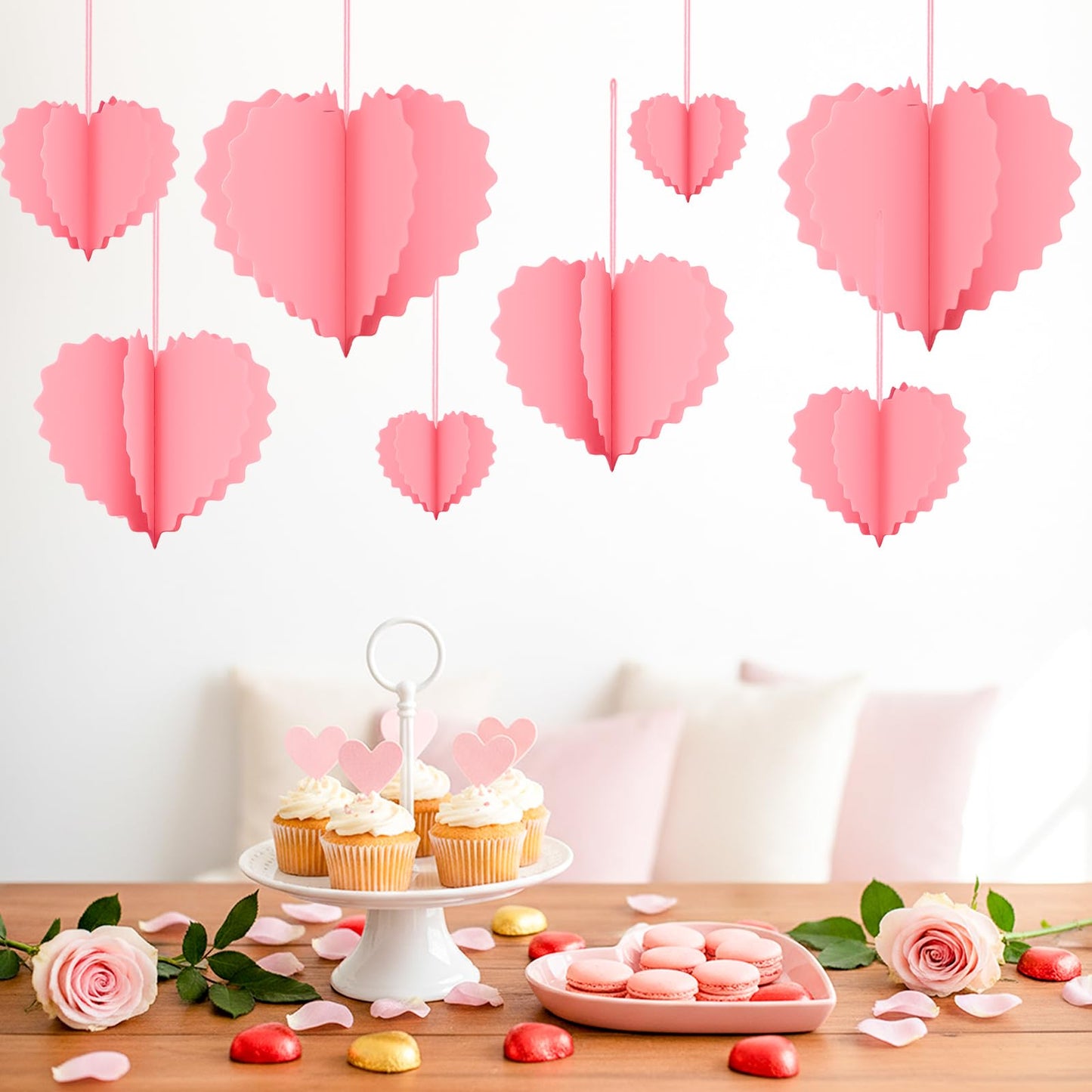Valentines Day Decorations - 8 Pcs Pink 3D Valentines Hanging Hearts Ornaments Paper Valentines Tree Decorations for Valentines, Wedding, Engagement, Anniversary, Galentines Party Décor